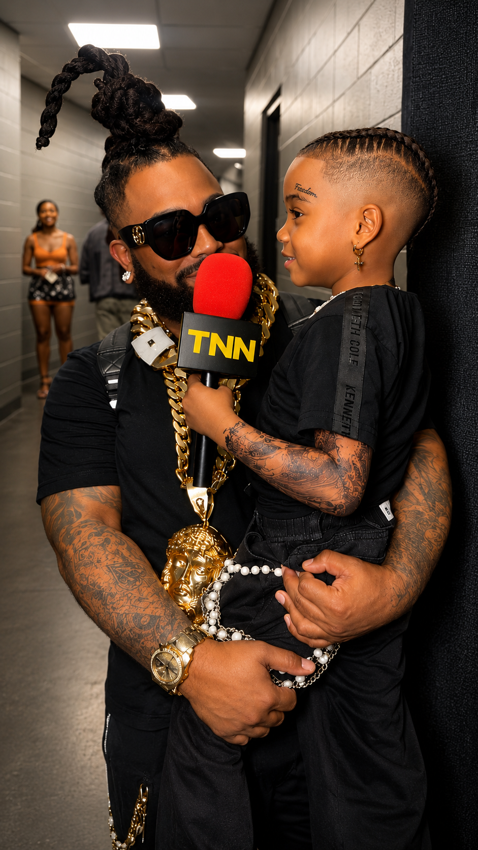 Young TNN reporter interviewing a guest with a TNN microphone backstage