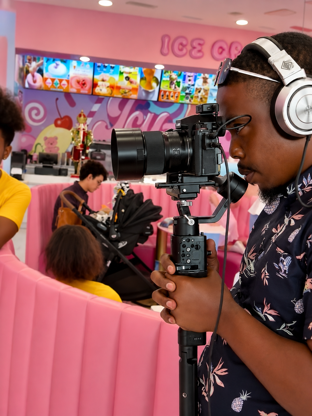 TNN videographer filming students on location with a gimbal-mounted camera